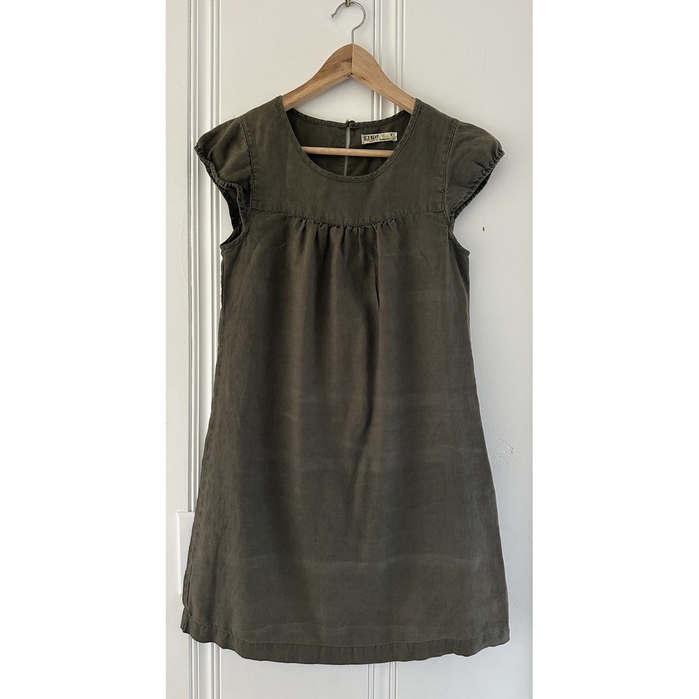 Old Navy 100% Linen Olive Green Shift Dress Cap Sleeve Empire Waist Small